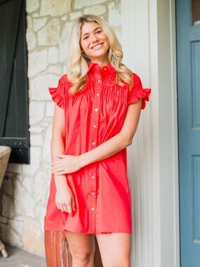 Avara Bright Red Button-Front Ruffle Sleeve Shirt Dress with pockets